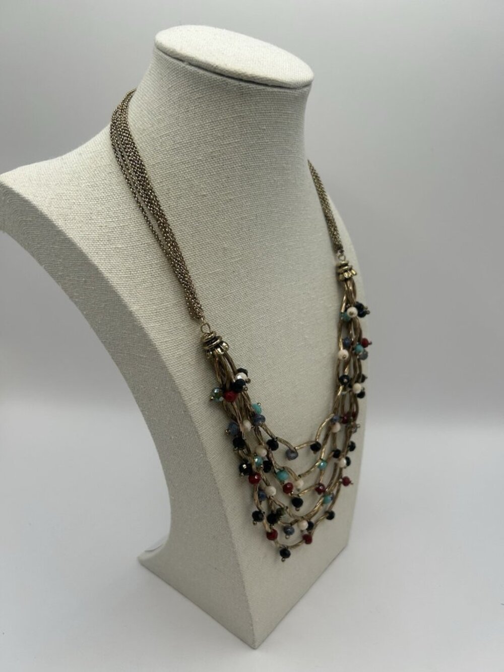 Vintage Gold Tone Multi Strand Beaded Necklace Acrylic Statement Bib Boho Chunky - Picture 9 of 9